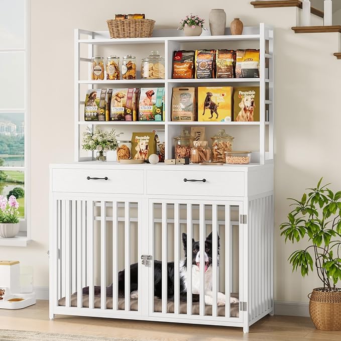 Keyluv 71''H x 47.2''W Large Dog Crate Furniture with 4-Tier Shelves and 2 Storage Drawers, Heavy Duty Dog Cage Furniture with 2 Doors, Wood & Metal Dog Kennel Indoor for Small/Medium/Large Dog, White