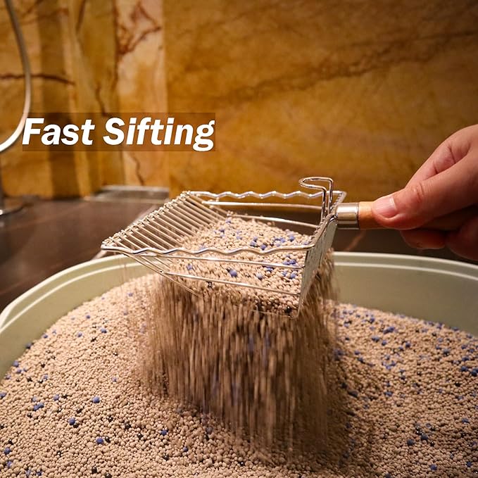 Cat Litter Scoop, Kitty Litter Scooper Metal, Deep Shovel, Wood Handle, Litter Box Fast Sifting for Cats and Kittens