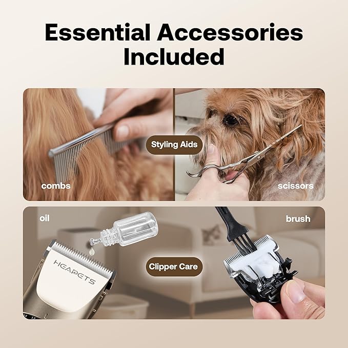 Dog Hair Clippers for Grooming Kit and Dog Paw Trimmer Nail Grinder for Grooming, Low Noise Rechargeable Cordless, Shaver Grooming Supplies for Pet Cats Dogs (Gold, White)