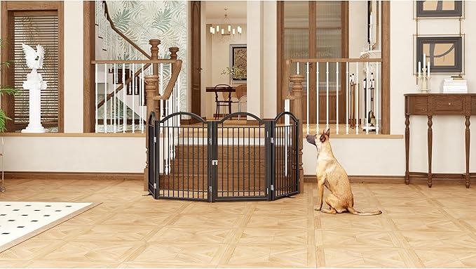 BHG Metal No-Assembly Freestanding Dog Gate with Door Walk Through, Extra Wide 96", Extra Tall 32" Pet Gate, Accordion Puppy Folding Playpen Dog Fence, with 2PCS Support (Black, 4 Panels)