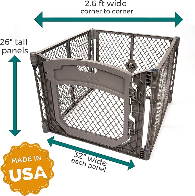 MyPet North States Petyard Plus: 3 Ft. Wide Folding Dog Playpen Indoor or Outdoor. 4-Panel Freestanding Play Pen Dog Gate Made in USA. 26" Tall, Fieldstone