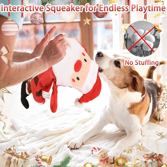 BINGPET Dog Squeaky Toys, 2 Pack No Stuffing Christmas Dog Toys, Reindeer & Santa Interactive Plush with Squeaky Ball and Crinkle Paper, Durable Holiday Fun for Small Medium Large Dogs