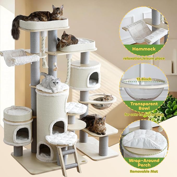 69'' Modern Cat Tree,Multi-Level Wood Large Cat Tower with Condo,Hammocks,Tall Cat Tree with Sisal Posts,Ladder,Removable Mats,Luxury Heavy Duty Tree Tower for Indoor Large Cats