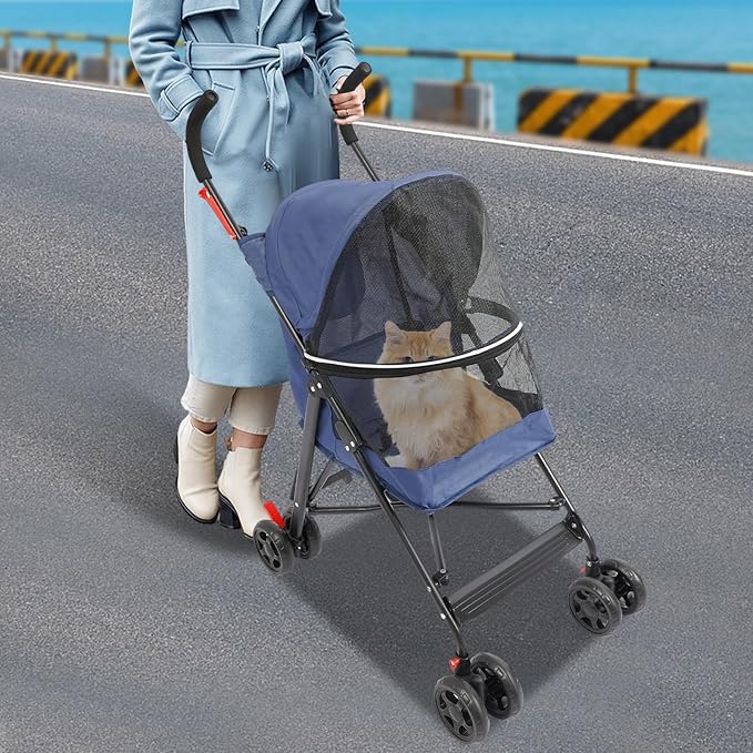 Pet Stroller, Foldable Pet Stroller with Weather Cover, Dog Cat Strolling Cart with 360° Wheels & Brakes for Small and Medium-Sized Dogs or Cats (Blue)