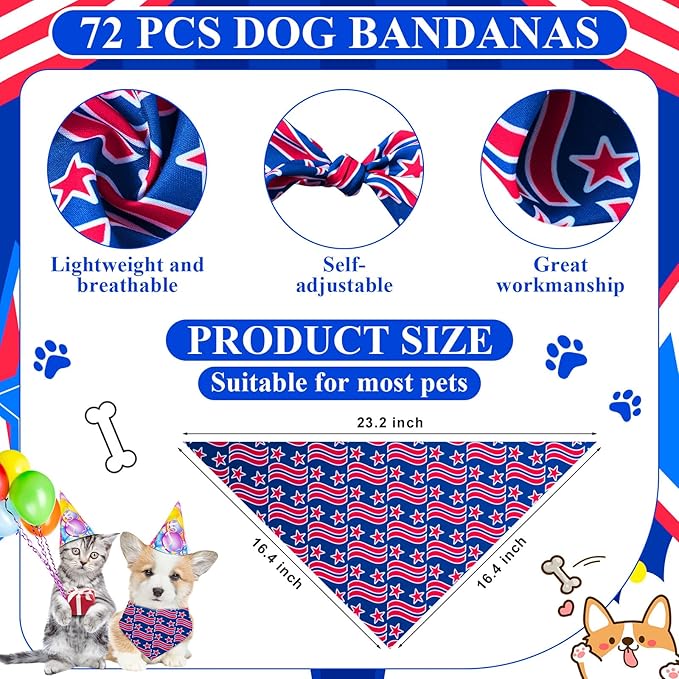 Sanwuta 72 Pcs Patriotic Dog Bandana Bulk Washable Puppy Triangle Scarfs Veterans Day Cat Bandanas Adjustable Soft Cute Pet Triangle Bibs Accessories for Small Medium Dogs Cats Pets Costume
