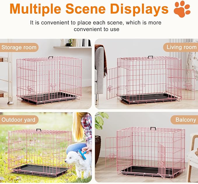 FDW 24inch Dog Crate Pet Cage with Metal Folding Design Plastic Tray Indoor Outdoor Dog Kennel Cage for Small Dogs,Pink