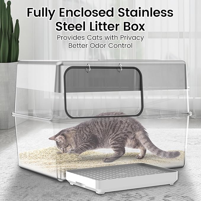 Stainless Steel Litter Box with Lid – Dog Proof, XL Enclosed Metal, High Side, Odor Control, for Big Cats & Multi-Cat Household, Black, Dubble Entry (Top and Side)