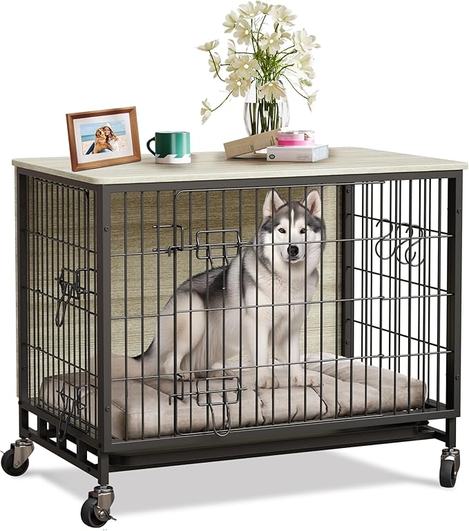 Dog Crate Furniture, 38.6" Wooden Dog Crate with Double Doors, Dog Furniture, Large Dog Kennel Indoor End Table for Large Dogs, Rustic Brown