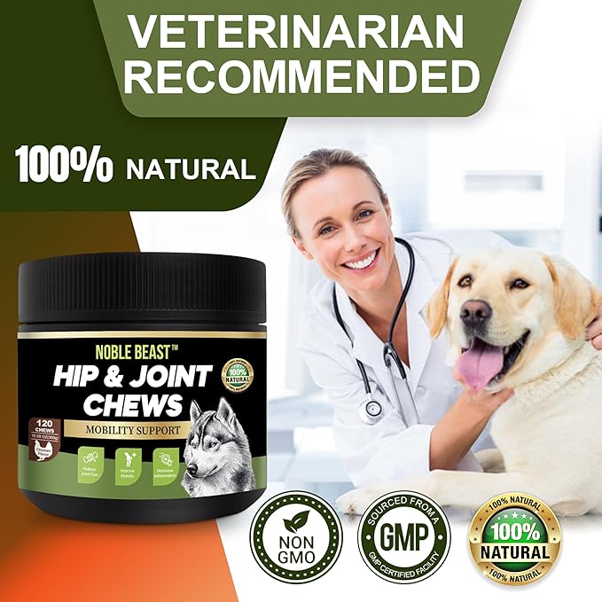 Noble Beast Dog Joint Supplement - Hip and Joint Care for Dogs - All Natural - Soft Chews with Glucosamine, Chondroitin, MSM & Hemp for Dog Joint Relief - Chicken Flavor – 120 Count