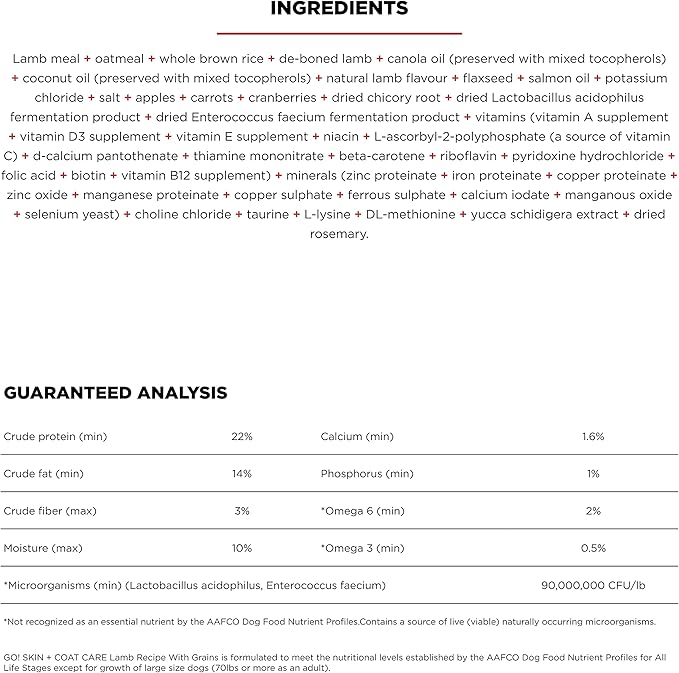 Go! Solutions Skin + Coat Care, Dry Dog Food, Lamb Recipe with Grains, 12 lb Bag