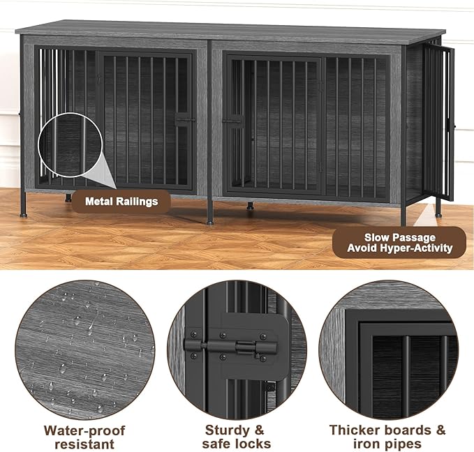 EasyCom Dog Crate Furniture for 1 or 2 Dogs, Heavy Duty Single/Double Dog Crates for Small/Medium/Large Dogs, Dog Kennel Furniture Indoor as TV Stand, Medium Size 63" L(20-35 Pounds), Dark Grey