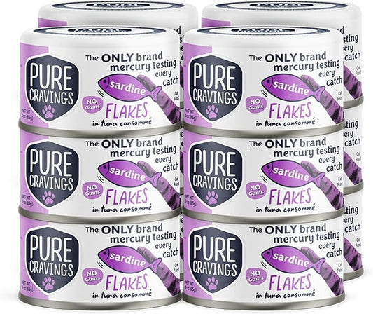 Sardine Flakes in Tuna Consommé, Canned Wet Cat Food Soup, 100% Mercury-Tested, Moist Can Fish, Grain-Free Protein, Non-GMO, 3oz, Pack of 12