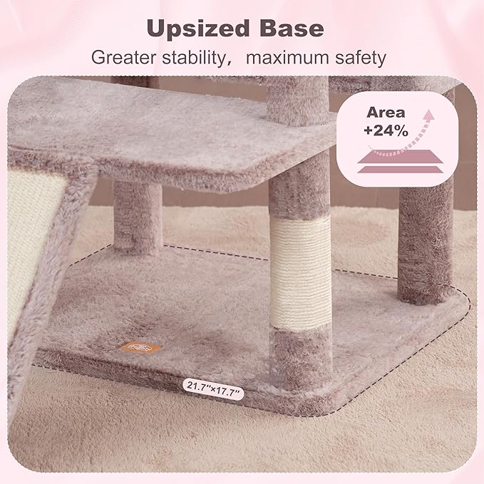 Heybly Tall Cat Tree for Large Cat, 80-inch Multi-Level Cat Tower for Indoor Cats with Large Baseboard, Condo Furniture with 2 Widened Plush Perches,Scratching Board and Big Caves, Muchroom HCT038MU