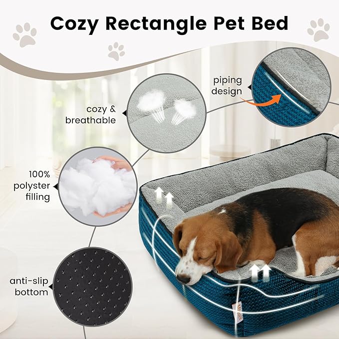 Miguel Dog Bed with Removable Cushion/Pillow for Medium Small Dogs, Washable Pet Bed with Side Easy to Wash Puppy Bed, Large Rectangle Cat Bed for Indoor Cat with Anti-Slip Bottom, Blue 35 Inch