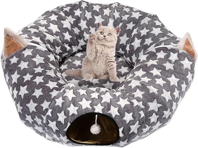 LUCKITTY Large Cat Tunnel Bed Under Christmas Tree with Fluffy Toy Balls, Small Cushion and Flexible Design- 10 inch Diameter, 3 ft Length- Great for Cats, and Small Dogs, Gray Star Pattern