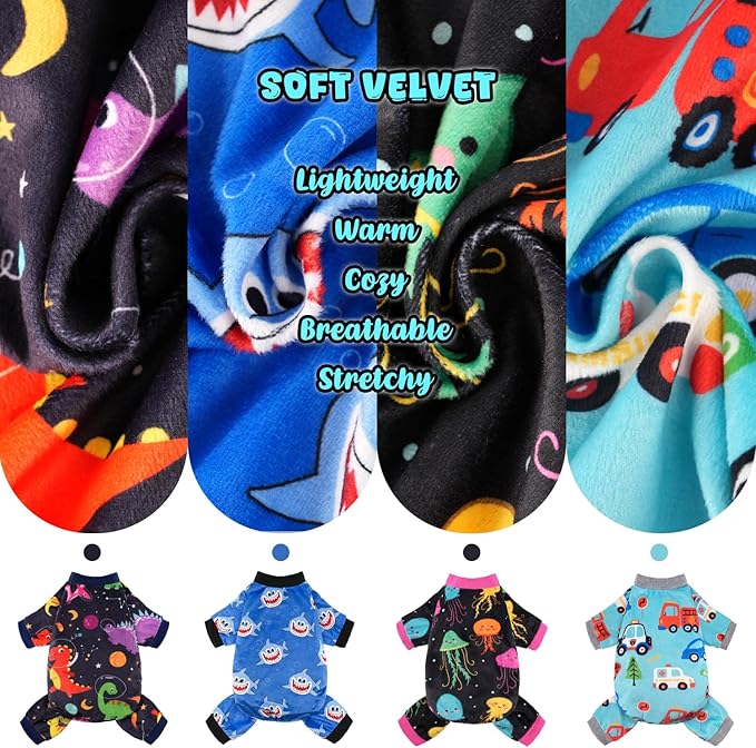 4 Pack Dog Pajamas Soft Lightweight Dog Recovery Suit Onesie Clothes for Small Medium Female Boys Girls Dogs Cats (3XL (Back: 24",Chest: 29.5", Neck: 19"), Dinosaur,Jellyfish, Transportation,Shark)