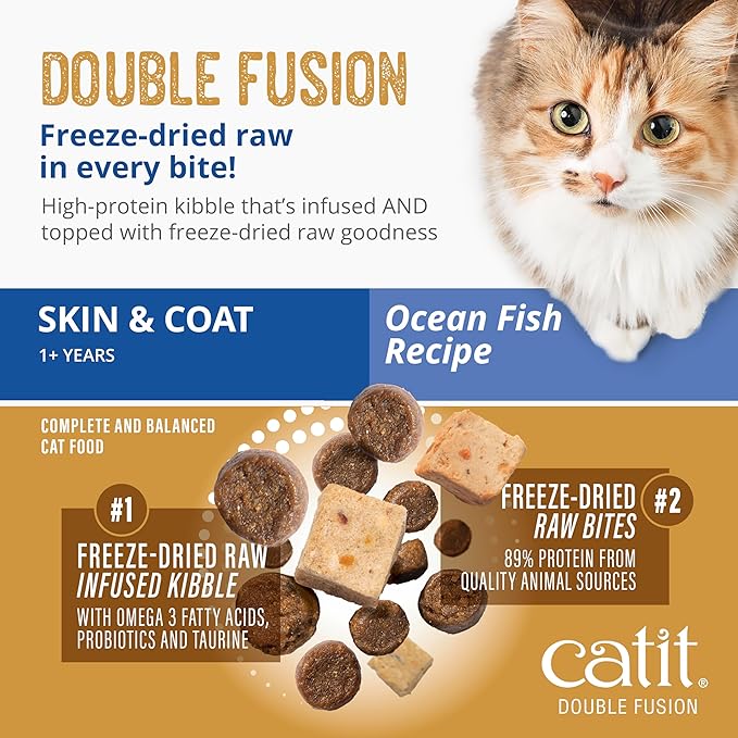 Catit Recipes Double Fusion Skin & Coat Cat Food – Ocean Fish Recipe, High-Protein, Freeze-Dried Raw Toppings, Omega-Rich for Healthy Skin & Fur, No by-Products, Minimally Processed, 4 lb