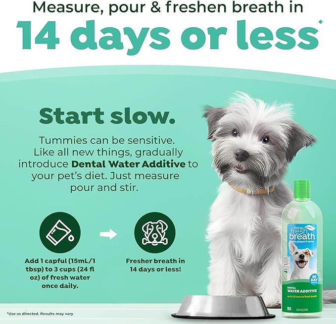 TropiClean Fresh Breath Water Additive for Dogs, Dog Breath Freshener & Teeth Cleaning Solution, No Toothpaste or Toothbrush Required, 33.8oz, 3 Pack