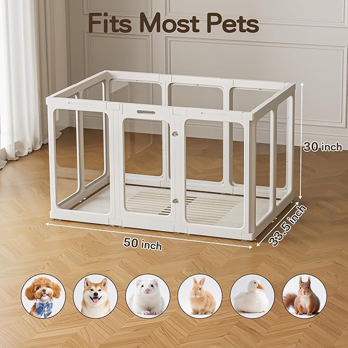 Jalove 30" H Clear Acrylic Plastic Dog Playpen Indoor, 10PCS for Puppy Cat Rabbit Ferret Transparent Pet Pen, Easy Assemble Whelping Crate Kennel Cage Enclosure, Ideal for Small to Medium Dogs, White