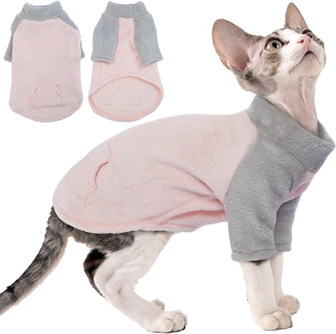 PUMYPOREITY Cozy Cat Sweater with Sleeves, Soft Coral Fleece Cat Clothes, Warm Winter Coat Thick Fleece for Hairless Cats, XS, Pink