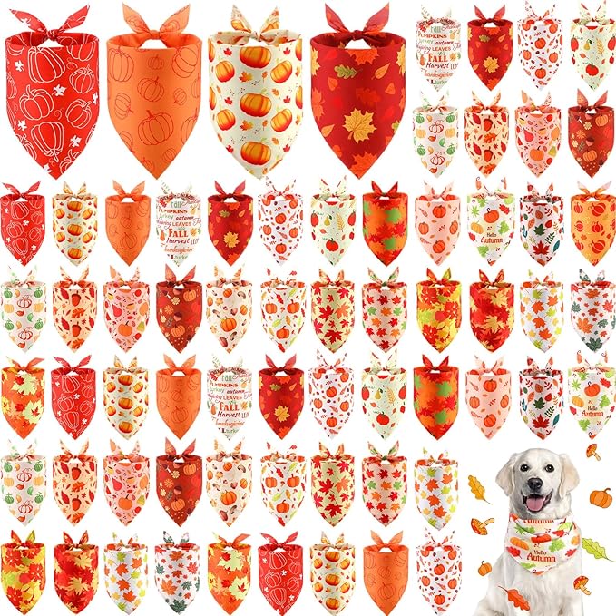 Chunful 60 Pcs Thanksgiving Fall Bandanas for Dogs Autumn Maple Leaf Pumpkin Patterns Soft Bibs Adjustable Triangle Doggie Scarf for Small Medium Large Pet Costume(31.5 x 21.7 x 21.7 Inch)