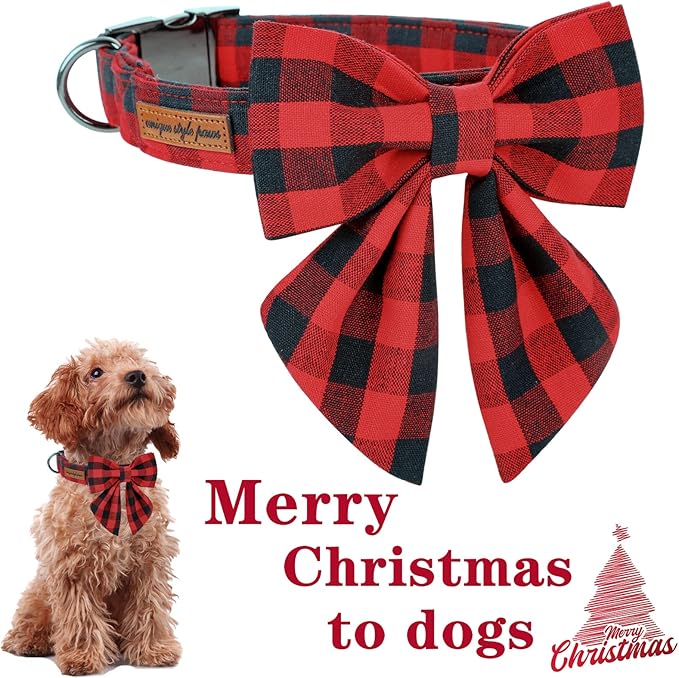 Unique style paws Christmas Dog Collar with Bow Tie Classic Red Plaid Puppy Collar for Small Medium Large Dogs as Holiday Winter Gifts-XS