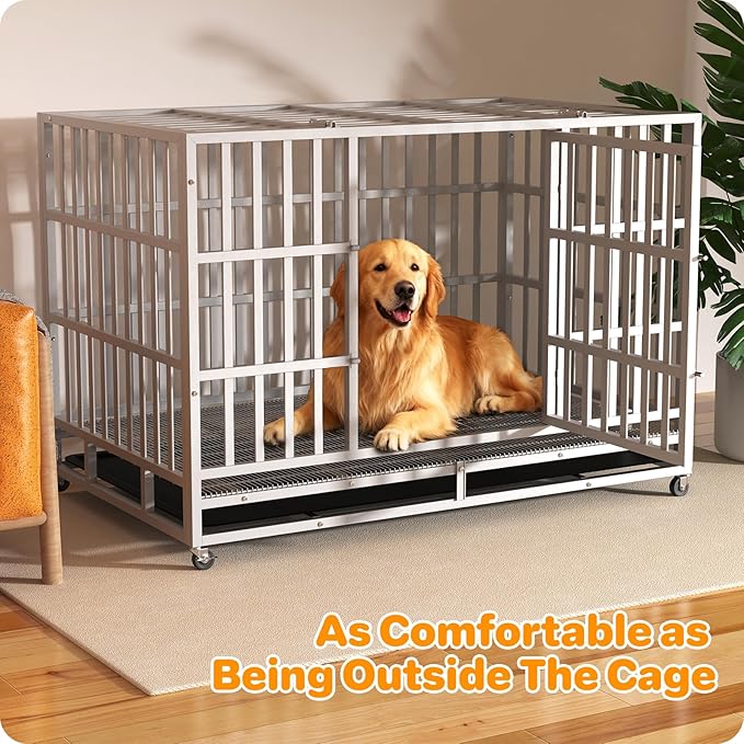 Heavy Duty Indestructible Dog Crate 48 Inch with Removable Tray, Sizes & Colors Optional, Escape Proof Double Door High Anxiety Cage Indoor, Kennel with Wheels for Large Dogs, XL XXL XXL