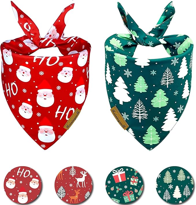 Christmas Dog Bandanas 2 Pack, 4 Pattern Reversible Holiday Bandana for Boy and Girl, Dog Scarf for Medium and X- Large Breed Dogs | Chritmas Gift | Reindeer | Santa Claus | Tree |