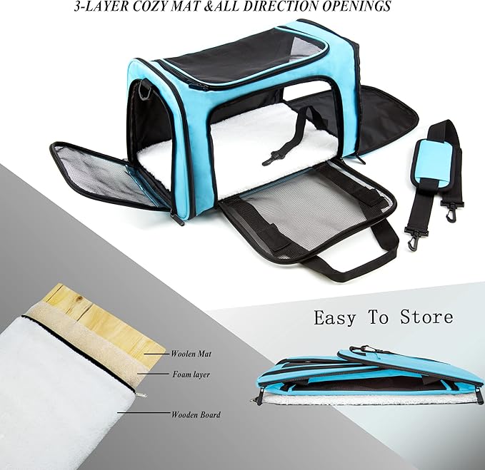 Soft Sided Carrier for Small Medium Cats Dogs,TSA Airline Approved Collapsible Travel Pet Carrier Medium Blue
