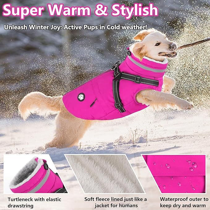 Dogcheer Dog Coat with Harness, Waterproof Dog Jacket Christmas Pet Winter Coat with Pockets, Reflective Doggy Turtleneck Fleece Jacket for Small Medium Large Dogs - Pink, XS