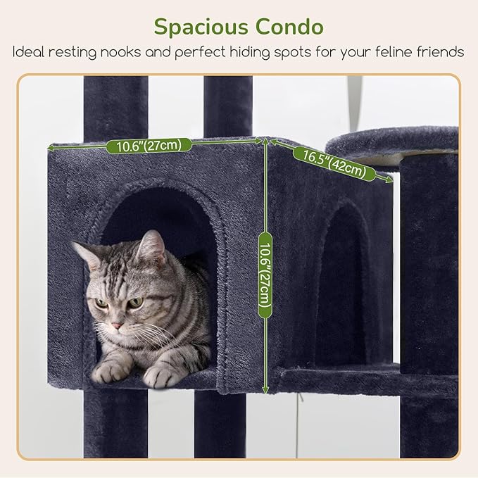 Globlazer Extra Large Platform Cat Tree, 65in Sturdy Cat Scratching Tree for Indoor Cats Large Adult, Big Cat Perch Tower with 3 Padded Perches, 6 Scratching Posts, Cat Condo, Hammock, S65, Dark Grey