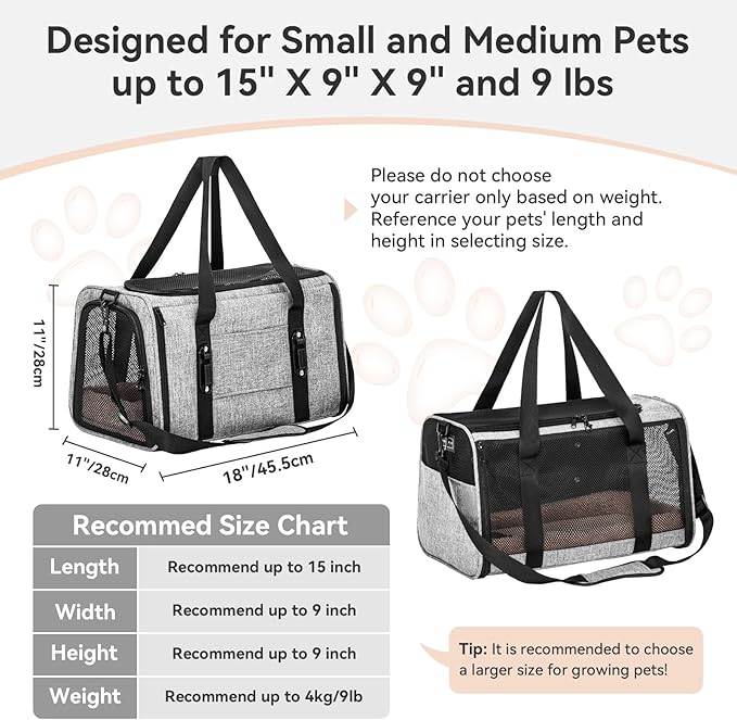 PETSFIT Cat Car Carrier for Small/Medium Cats Dogs, 18"x11"x11" Airline Approved Cat Carrier, with Patent Safety Buckles and Escape-Proof Zipper - Safeguarding Car Travel, Airplane, Vet, Outdoor