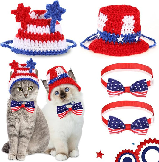 Ganeen 4 Pcs Independence Day Cat Costume 4th of July Pet Hat Headband American Flag Bow Tie Dog Cap USA Small Animal Top Hats National Day Bowtie Collar Costume for Rabbits Kittens Guinea Puppies