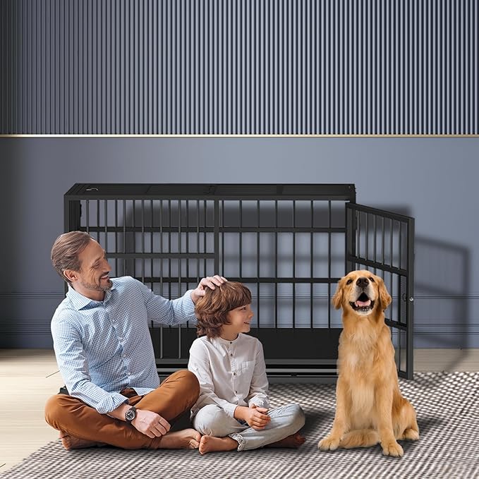 42in Heavy Duty Dog Crate, Rust-Resistant Folding Metal XXL Dog Cage Suitable for Medium to Large Dogs, New Upgrade Single-Handed Latch with Removable Tray and Wheels