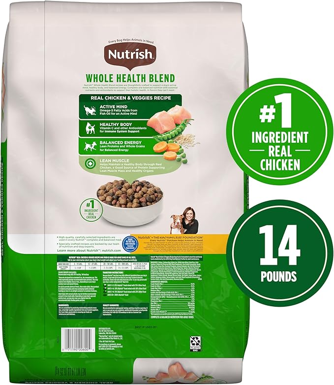 Nutrish Real Chicken & Veggies Recipe Whole Health Blend Dry Dog Food, 14 lb. Bag, Packaging May Vary (Rachael Ray)