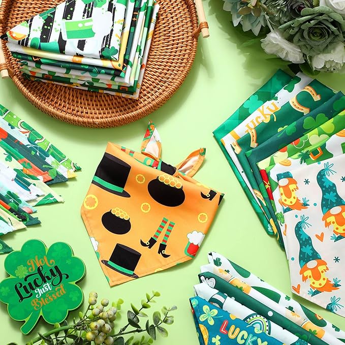 Amylove 120 Pcs Halloween Dog Bandanas Bulk Thanksgiving Day Holiday Triangle Dog Pack Puppy Kerchief Bandana Adjustable Pet Scarf for Pet Cat Costume Accessories Decor(Shamrock)