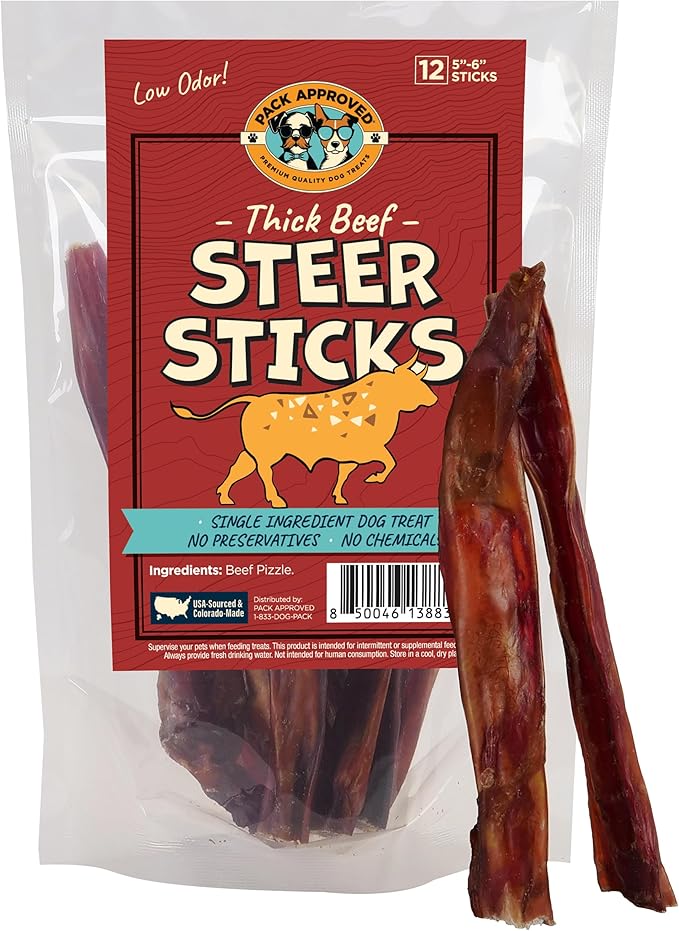 Thick Steer Bully Sticks for Medium Dogs & Small Breeds - No Hide Dog Chews & Single Ingredient Dog Treat - Bully Sticks for Medium Breeds - 5-6" (12ct)