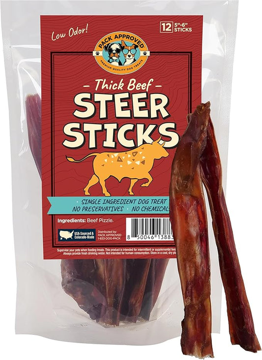 Thick Steer Bully Sticks for Medium Dogs & Small Breeds - No Hide Dog Chews & Single Ingredient Dog Treat - Bully Sticks for Medium Breeds - 5-6" (12ct)