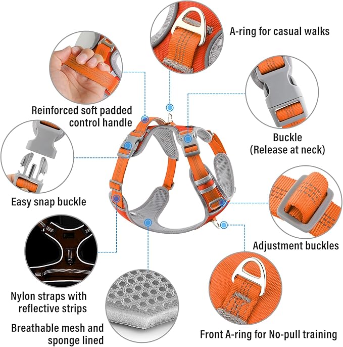 Plutus Pet No Pull Dog Harness, Release at Neck, Reflective Adjustable Dog Vest Harness, Easy Control Handle for Walking, for Small Medium Large Dogs, Orange, XL