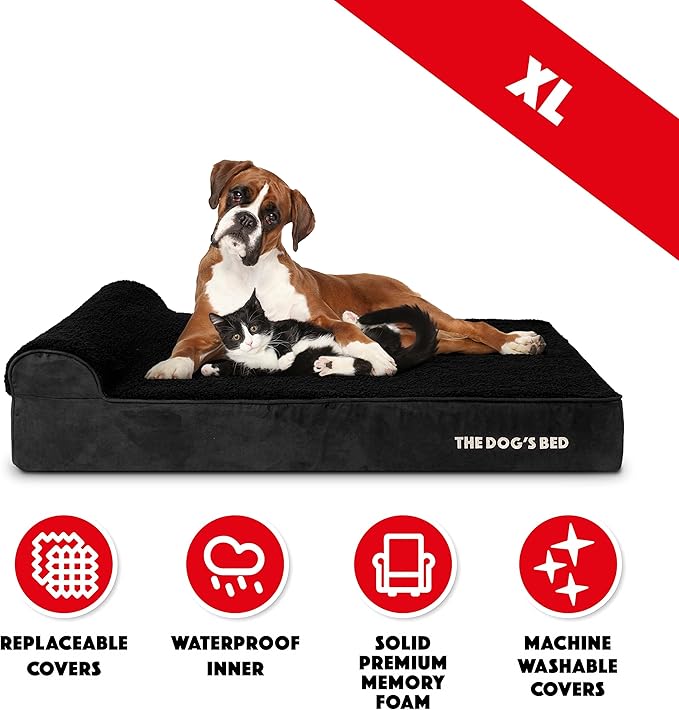 The Dog’s Bed Orthopedic Headrest Dog Bed XL Black Plush, Memory Foam, Pain Relief for Arthritis, Hip & Elbow Dysplasia, Post Surgery, Lameness, Waterproof Washable Cover