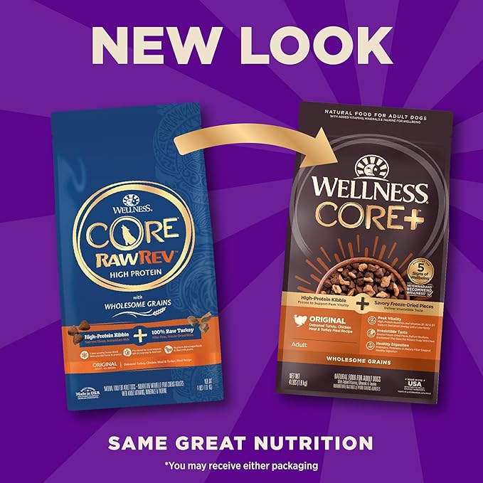 Wellness CORE+ (Formerly RawRev) Grained Dry Dog Food, Original Turkey & Chicken with Freeze Dried Turkey Recipe, 4 Pound Bag