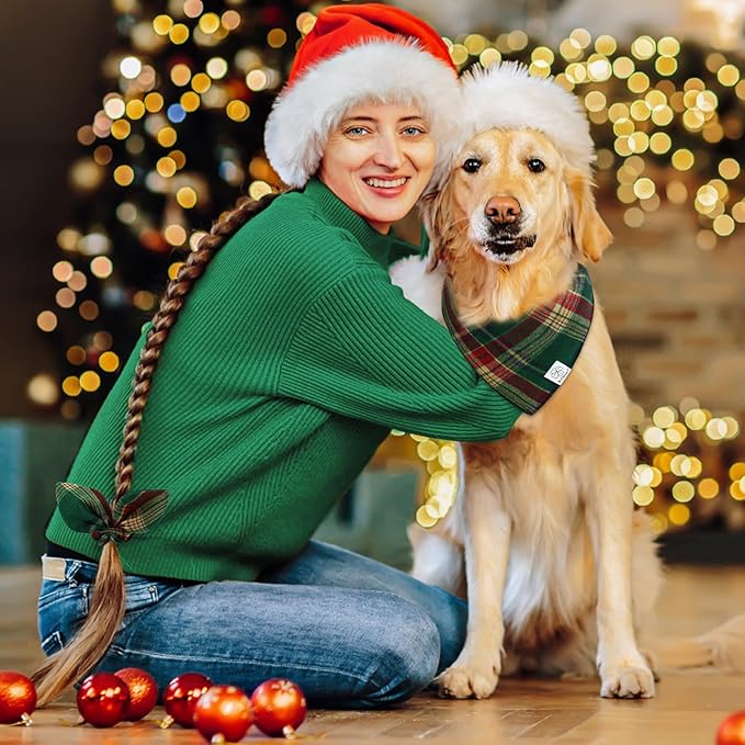 E-Clover Christmas Dog Bandana & Matching Scrunchie Green Red Plaid Pet Dog Scarf Cute Dogs Costumes Accessories for Small Medium Large Dogs