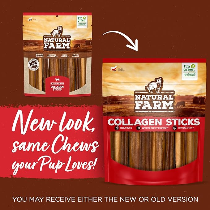 Natural Farm Odor-Free Super Collagen Dog Chews (12-Inch, 12-Pack) The First Ever Real Bull Sticks Alternative: 100% Natural Angus Hide Collagen Treats - More Protein, More Chew Time for All Dogs