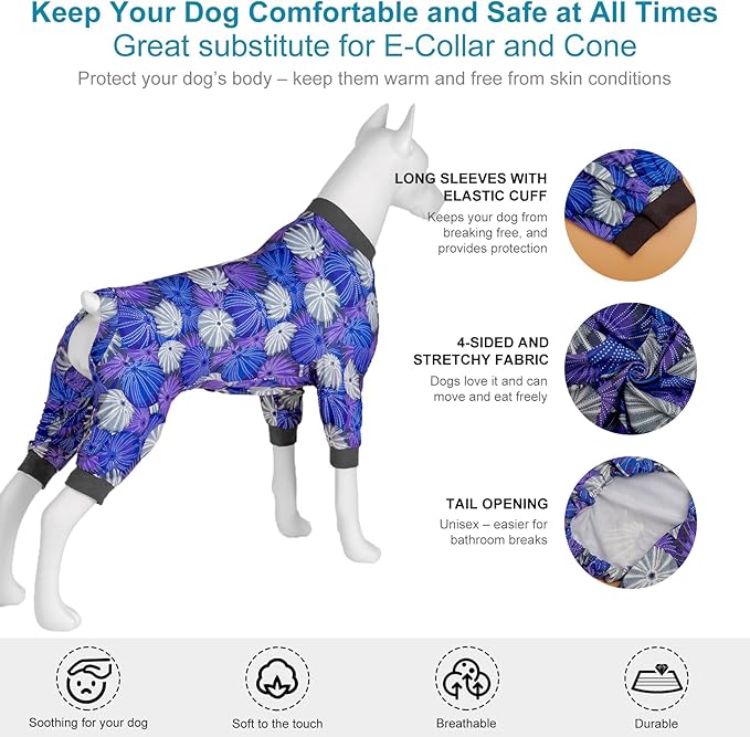 LovinPet Large Dog Onesie For Male, Anti Licking, Anxiety Calming Dog Clothes, Lightweight Stretchy Fabric, Sea Urchins Grey Print, Pitbull Party Clothes, Pajamas for Pitbulls, Onesies for Dogs, Large