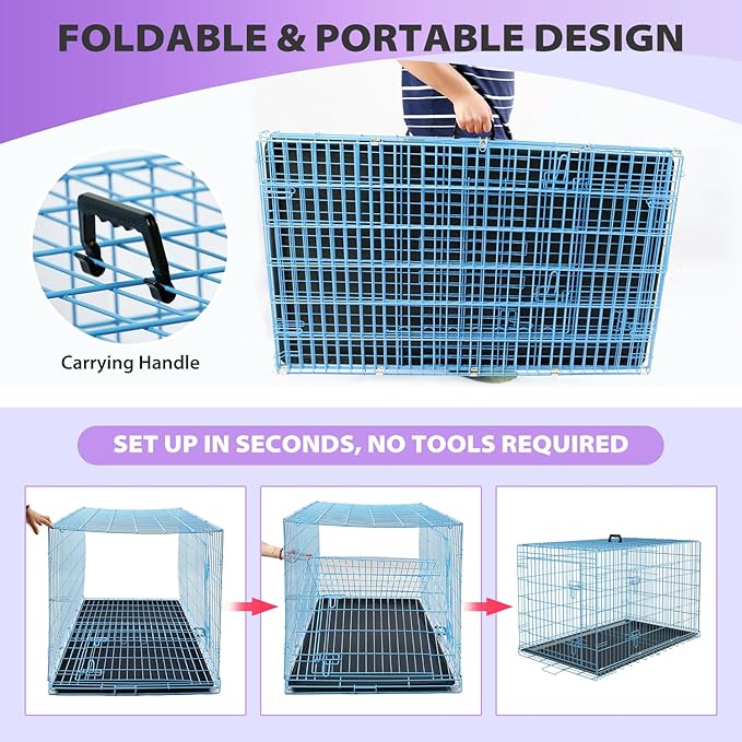 BestPet | Dog Crate | 30" | Blue | Foldable Metal Kennel with Double Doors, Secure Slide-Bolt Latches, Leakproof Tray | Portable Dog Cage for Small Breeds | for Travel, Indoor & Outdoor Use