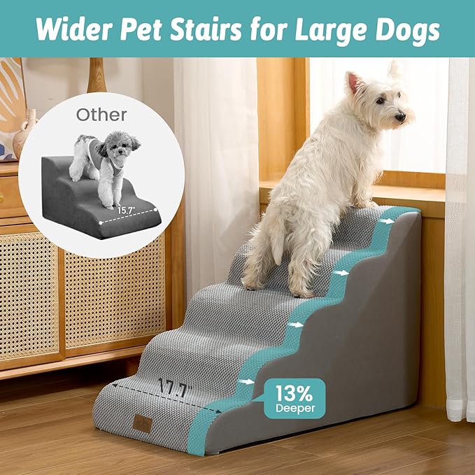 Wide Dog Stairs for Small Dog 22.6" H, Curved Pet Step for Puppy, Older Cat, Curved Ramp for High Bed or Car, Ladder with High Density Foam, Durable, 5 Step, 17.7x33x22.6 inch, Grey