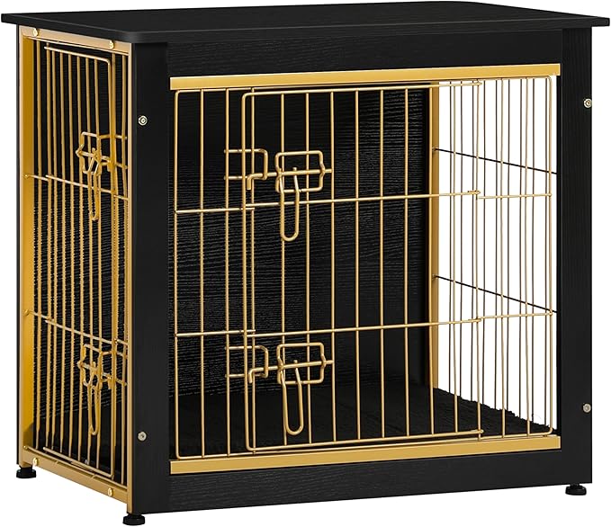 DWANTON Dog Crate Furniture with Cushion, Wooden Kennel Table with Double Doors, Indoor Dog House, Small/Medium/Large Size, 27.2" L, Black+Gold