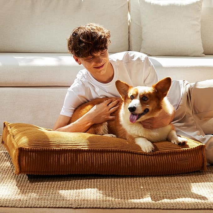 FUKUMARU Dog Bed, Thickened Corduroy Dog Beds Mat with Washable Cover, Large Waterproof Cotton Dogs Bed for Crate, Cozy Fluffy Pet Pillow Beds Kennel Pad with Non-Slip Bottom, 36inch, Ginger Yellow