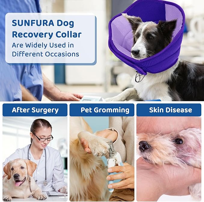 SUNFURA Dog Cone - Soft Cone for Dogs to Stop Licking, Pet E-Collar Alternative After Surgery, Adjustable Pet Recovery Collar for Wound Healing, Purple Large