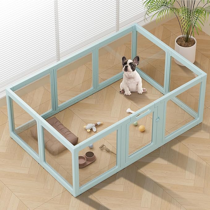 Clear Acrylic Dog Playpen Indoor, Puppy Cat Small Pet Play Pen, Pet Cat Foldable Playpen for Rabbits, Dog Fence Crate Kennel Whelping Cage (Green, 10 Panel)